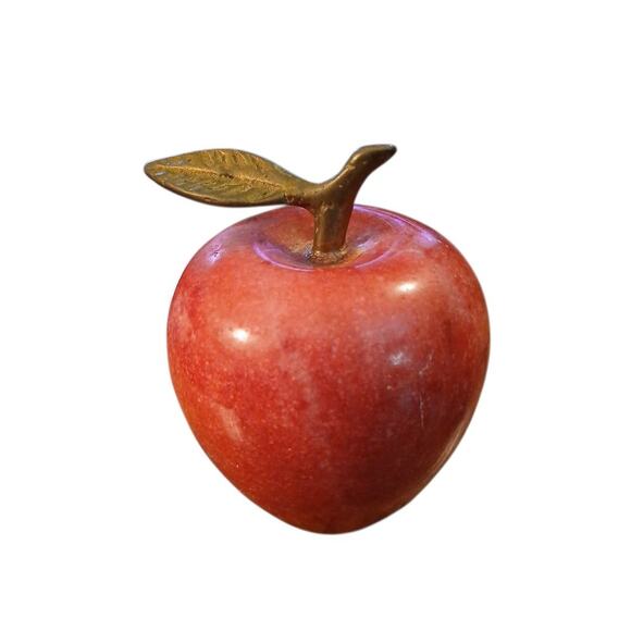 Unmarked Other - Vtg Shiny Red Marble Apple Paperweight Brass Stem and Leaf Teacher Desk Gift 5"